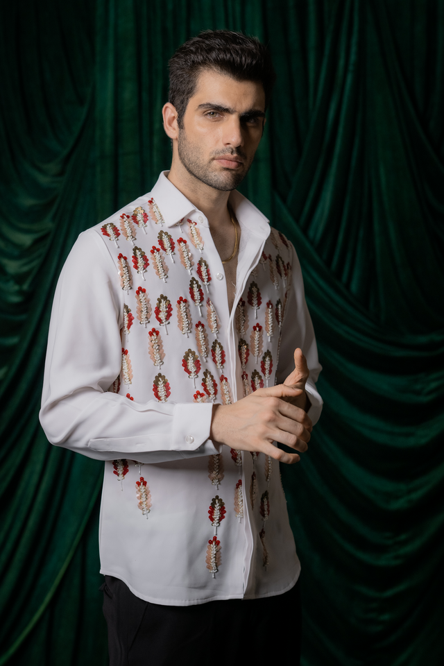 Meher — White Hand Embroidered Armani Fabric Shirt