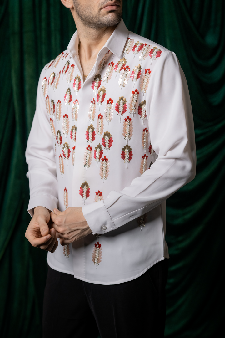 Meher — White Hand Embroidered Armani Fabric Shirt