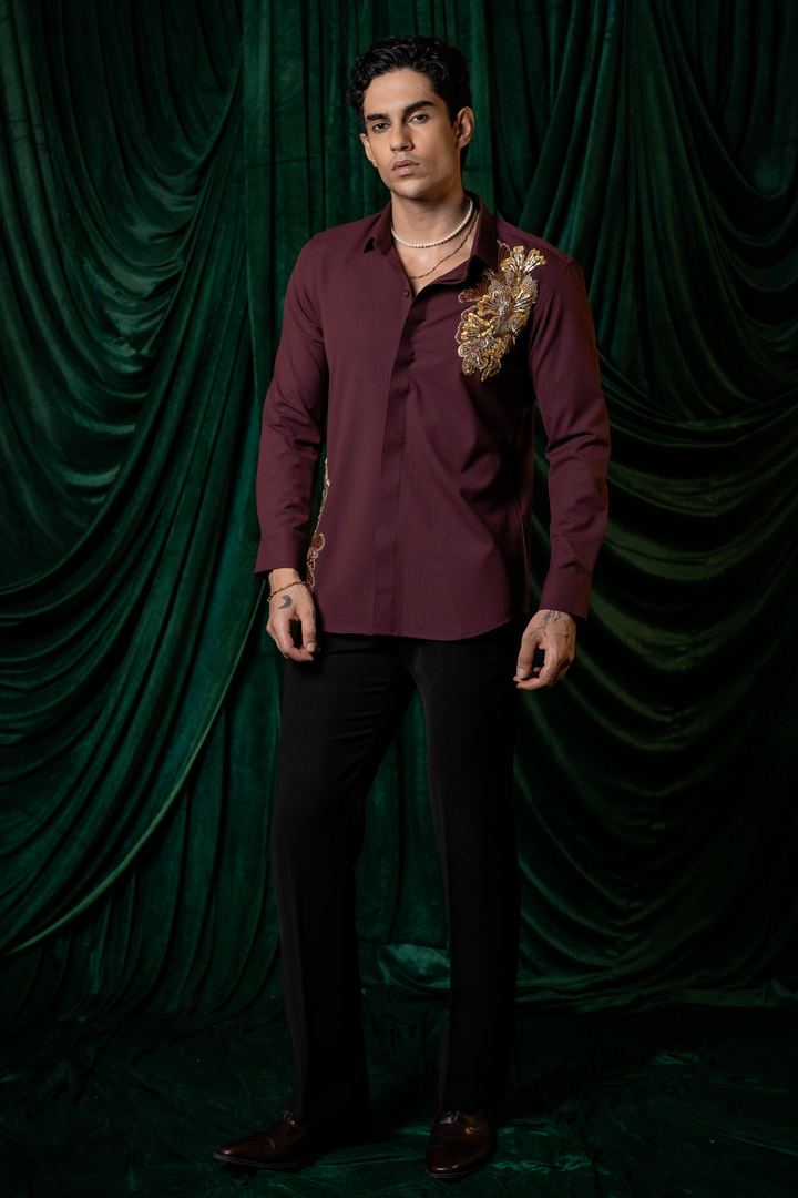 Regal Vine — Burgundy Hand Embroidered Armani Fabric Shirt