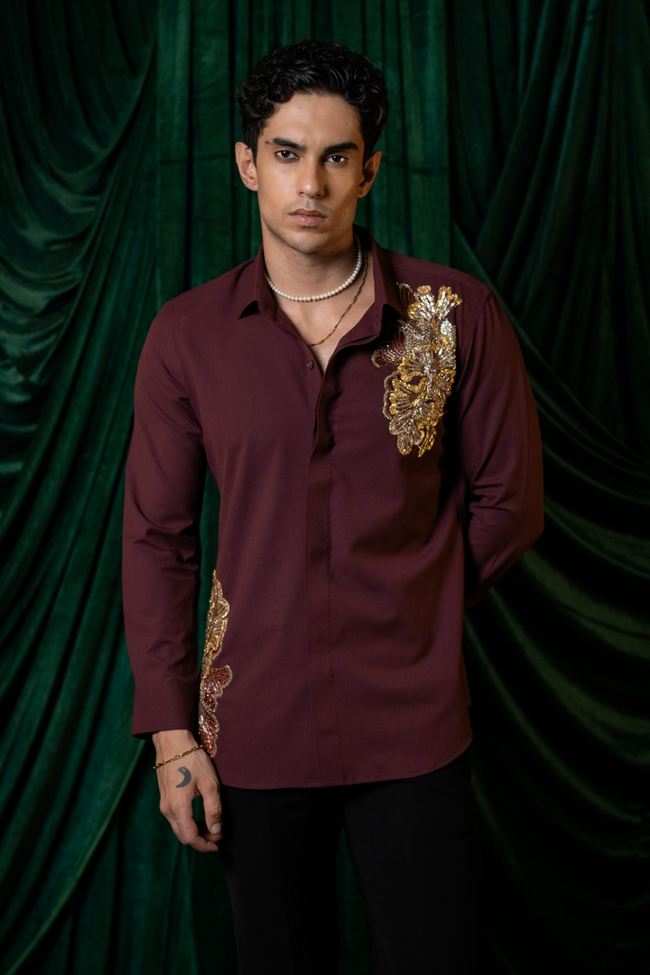 Regal Vine — Burgundy Hand Embroidered Armani Fabric Shirt