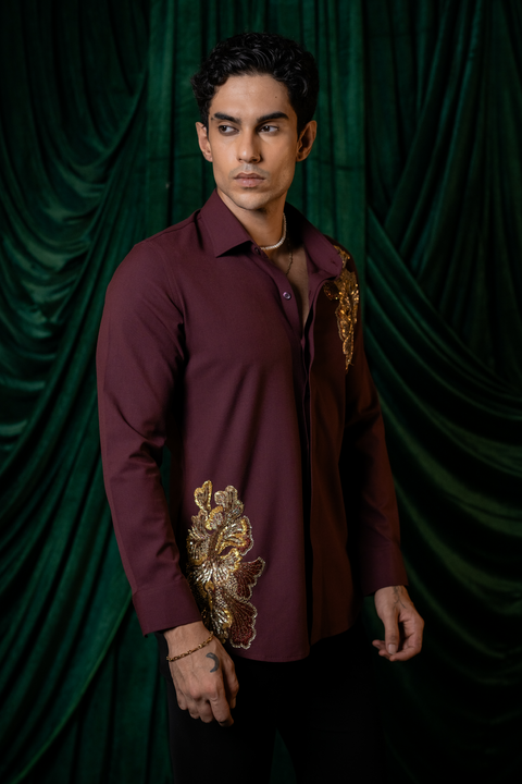 Regal Vine — Burgundy Hand Embroidered Armani Fabric Shirt