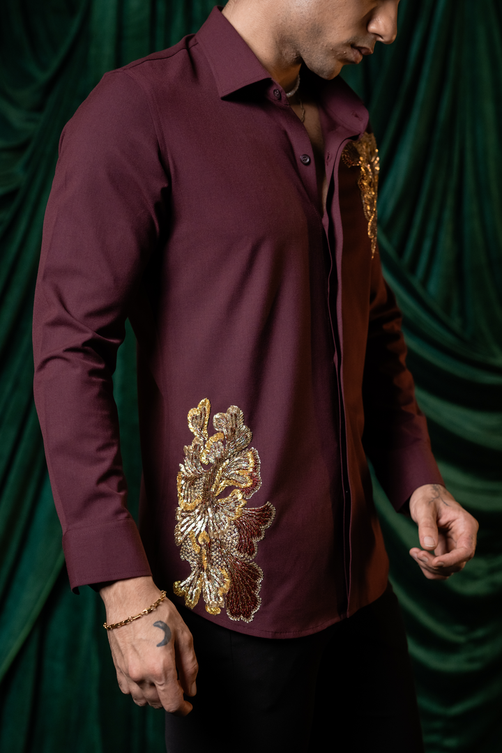 Regal Vine — Burgundy Hand Embroidered Armani Fabric Shirt