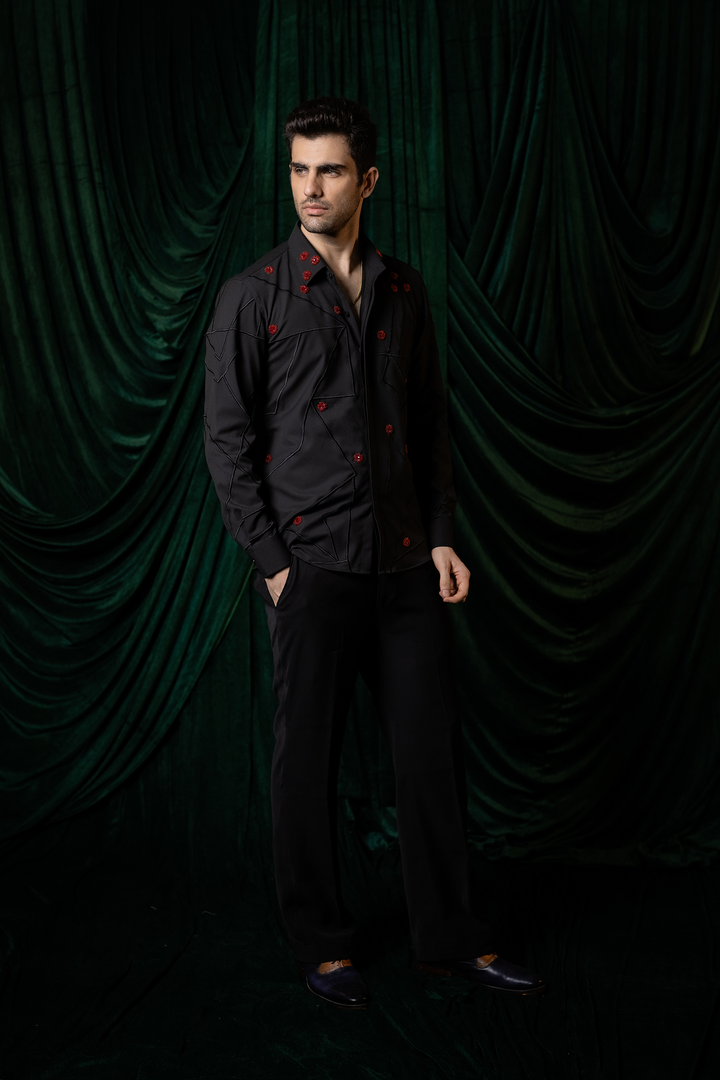 Zyra — Black Hand &amp; Thread Embroidered 4-Way Stretch Shirt
