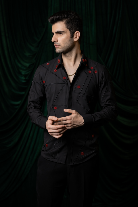Zyra — Black Hand & Thread Embroidered 4-Way Stretch Shirt