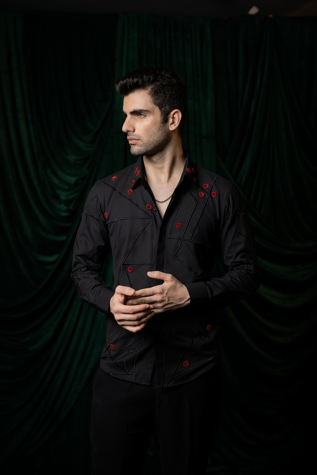 Zyra — Black Hand &amp; Thread Embroidered 4-Way Stretch Shirt
