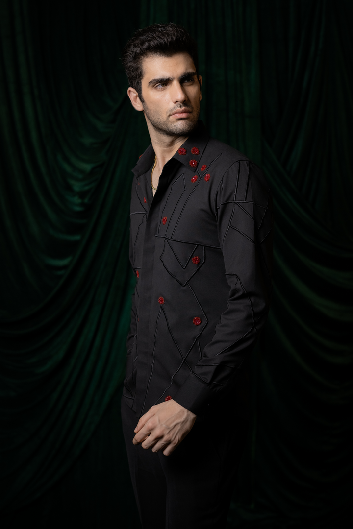 Zyra — Black Hand &amp; Thread Embroidered 4-Way Stretch Shirt