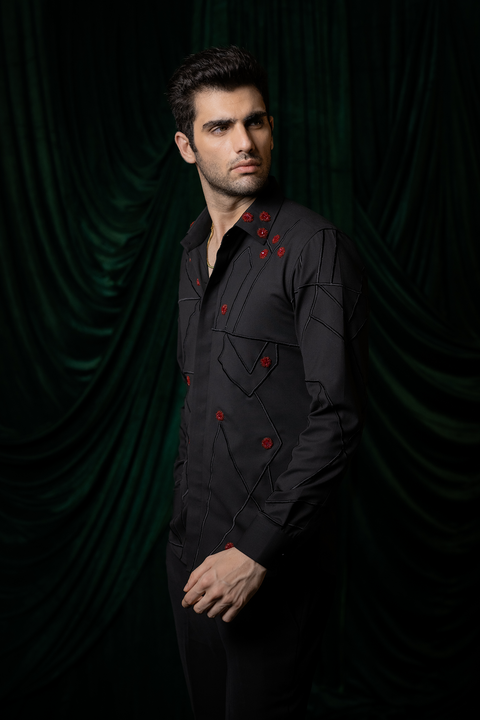 Zyra — Black Hand & Thread Embroidered 4-Way Stretch Shirt