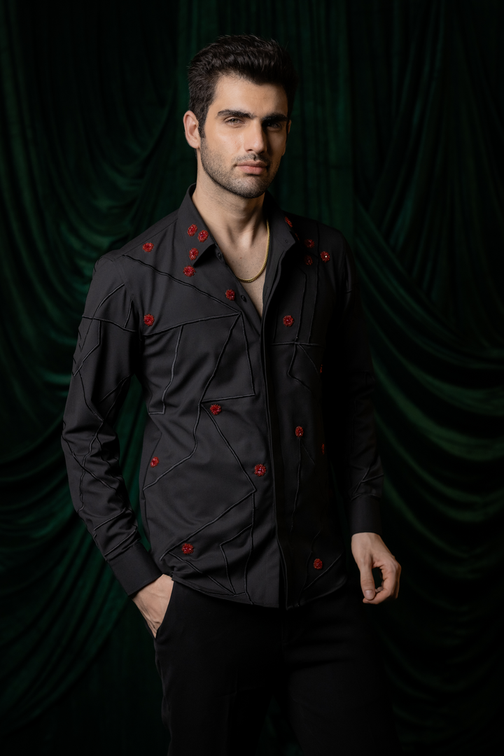 Zyra — Black Hand &amp; Thread Embroidered 4-Way Stretch Shirt