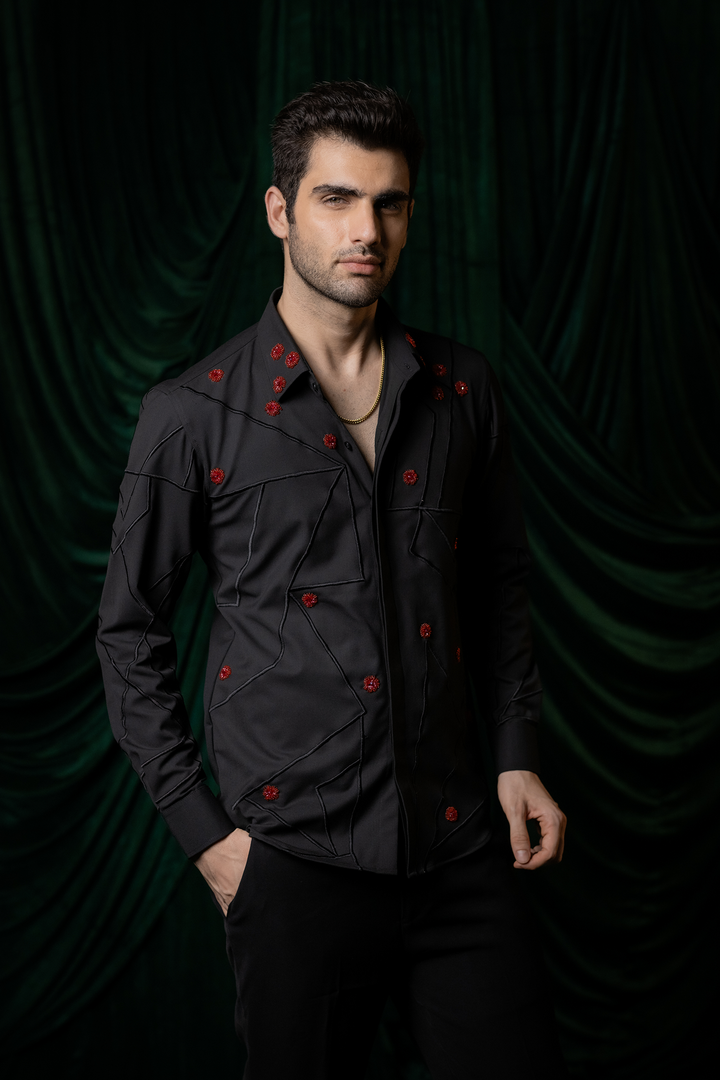 Zyra — Black Hand &amp; Thread Embroidered 4-Way Stretch Shirt
