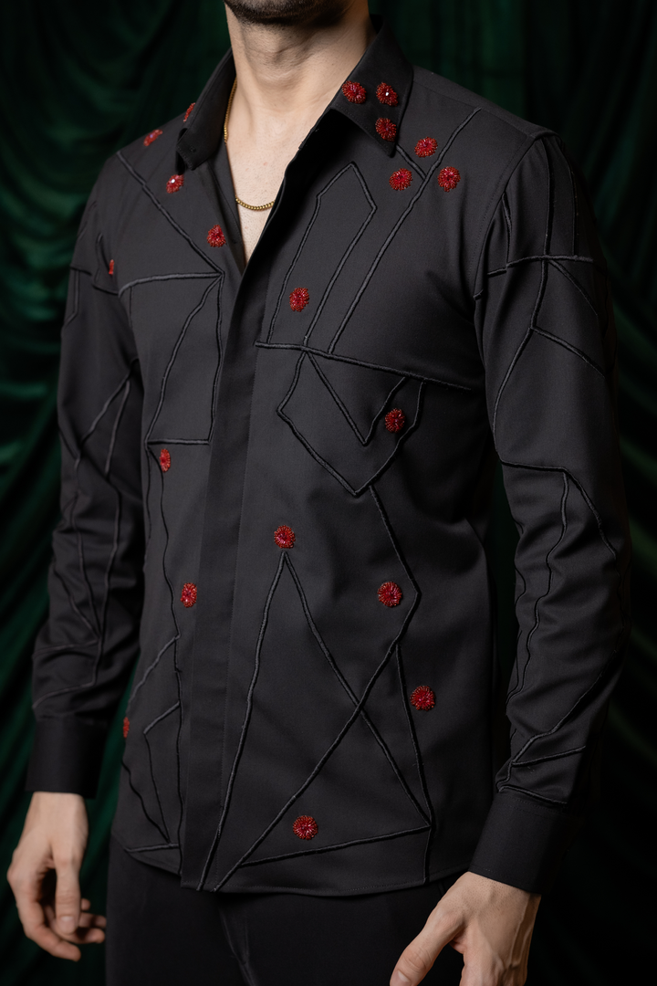 Zyra — Black Hand &amp; Thread Embroidered 4-Way Stretch Shirt