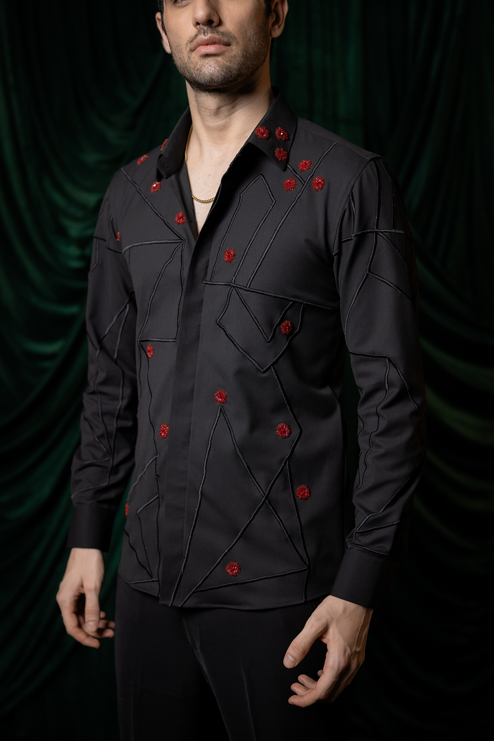 Zyra — Black Hand &amp; Thread Embroidered 4-Way Stretch Shirt