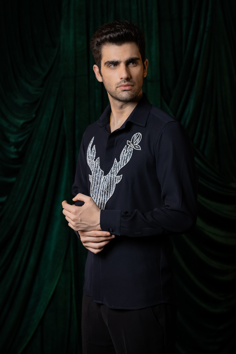 Regalia — Midnight Blue Hand Embroidered 4-Way Stretch Shirt