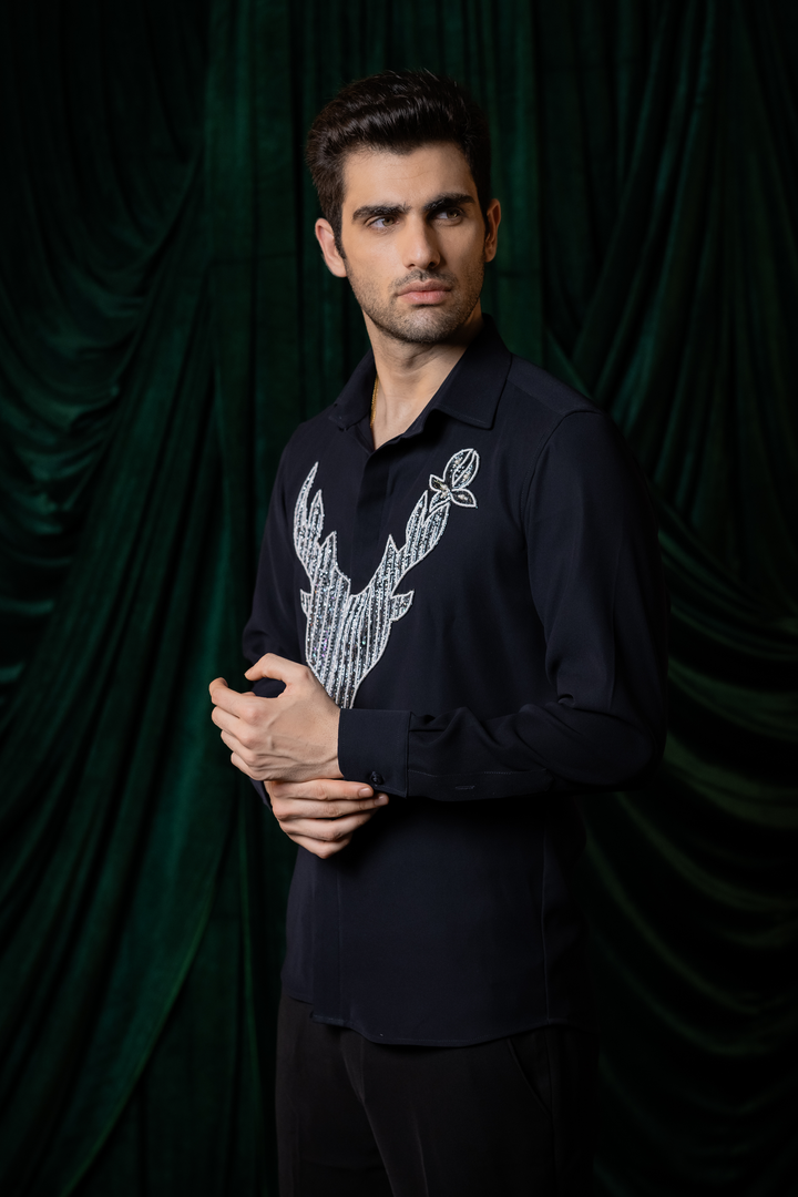 Regalia — Midnight Blue Hand Embroidered 4-Way Stretch Shirt