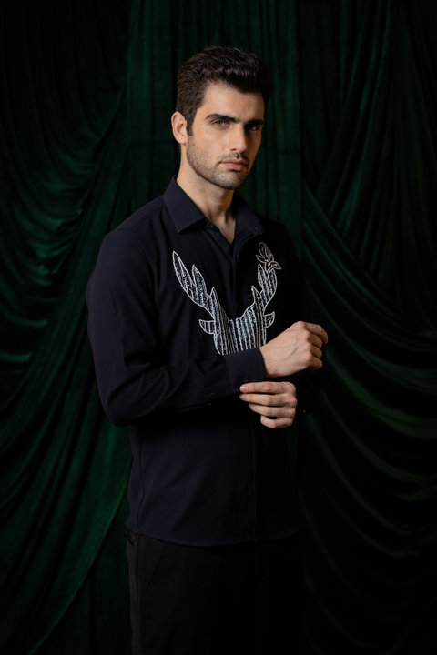 Regalia — Midnight Blue Hand Embroidered 4-Way Stretch Shirt