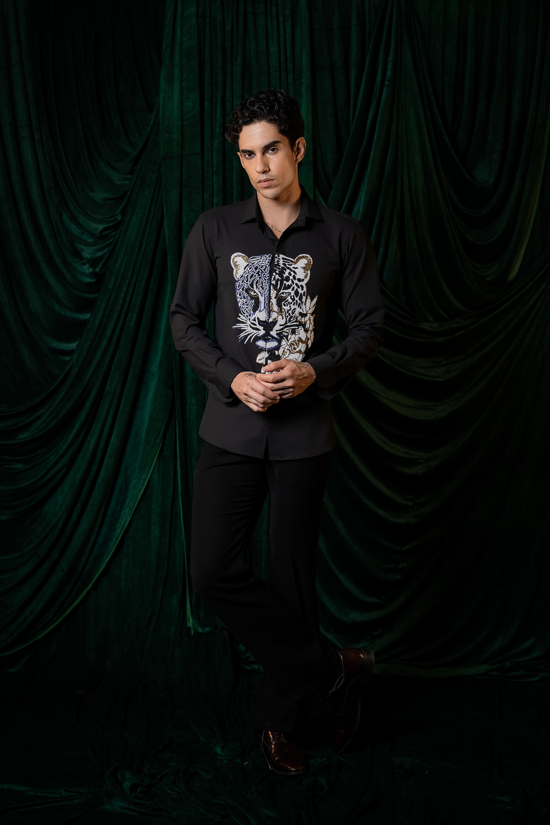 Strix — Black Hand Embroidered 4-Way Stretch Shirt