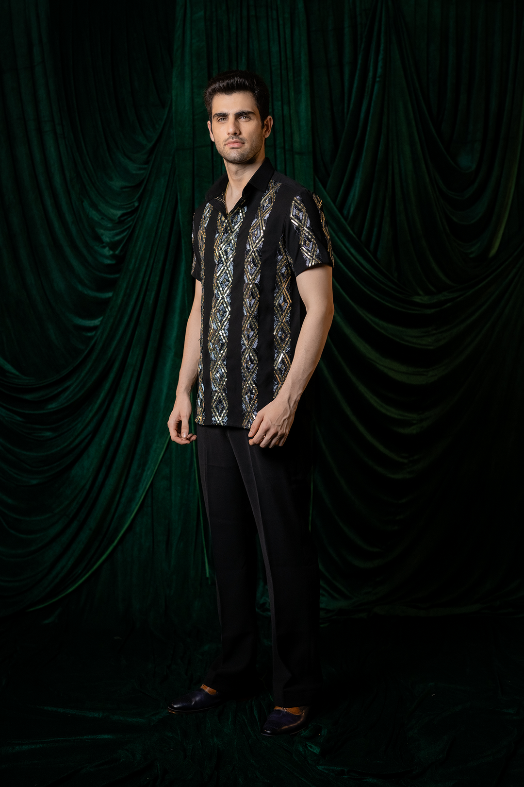 Kairo — Black Hand Embroidered Armani Fabric Shirt