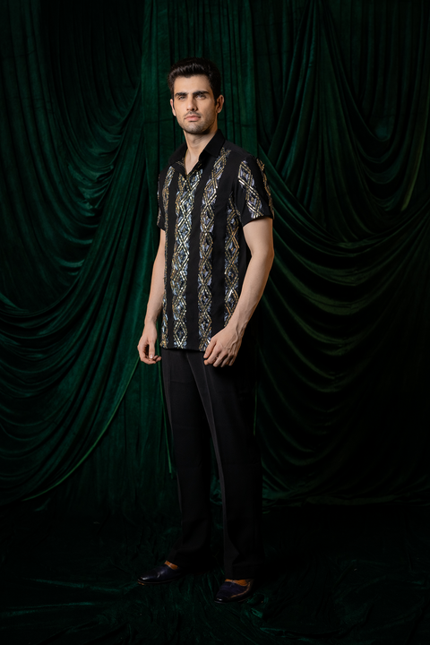 Kairo — Black Hand Embroidered Armani Fabric Shirt