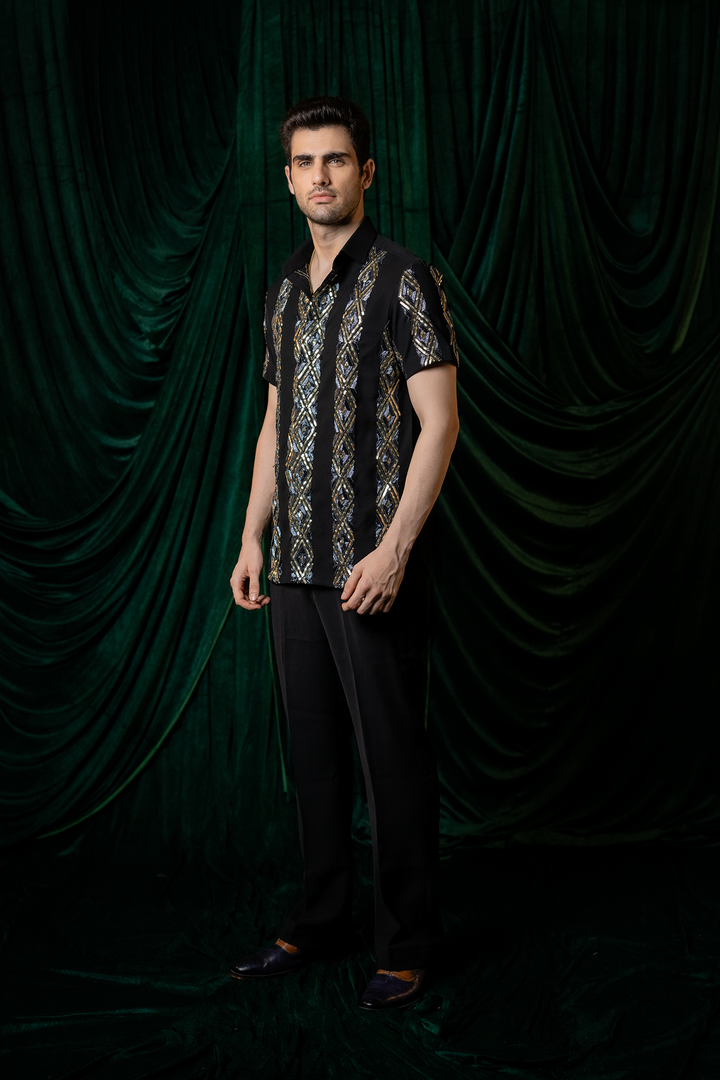 Kairo — Black Hand Embroidered Armani Fabric Shirt