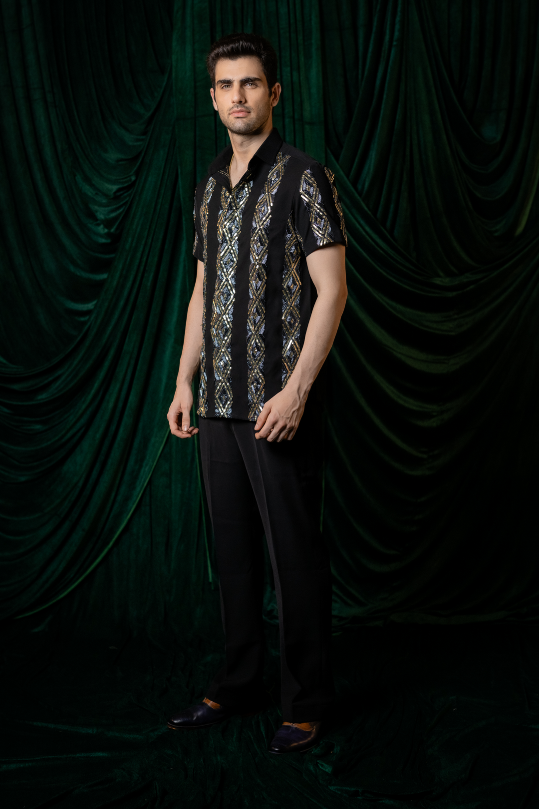 Kairo — Black Hand Embroidered Armani Fabric Shirt