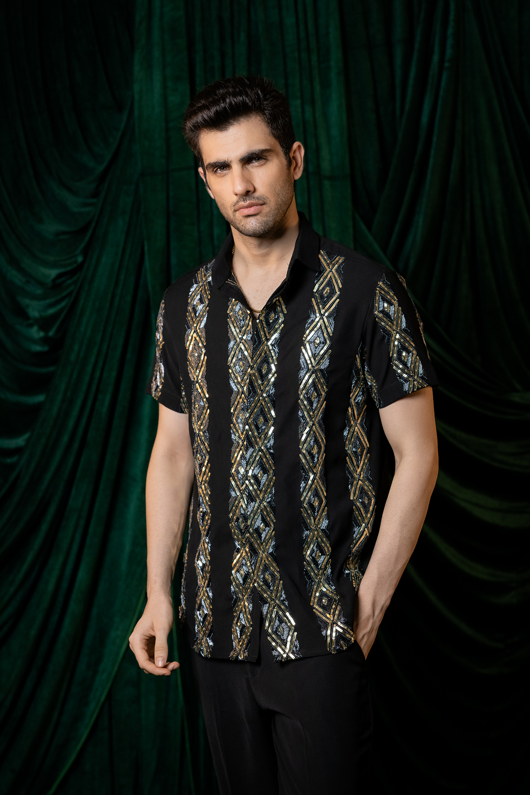 Kairo — Black Hand Embroidered Armani Fabric Shirt