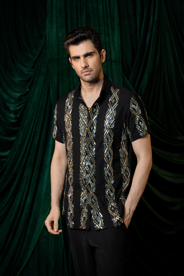 Kairo — Black Hand Embroidered Armani Fabric Shirt