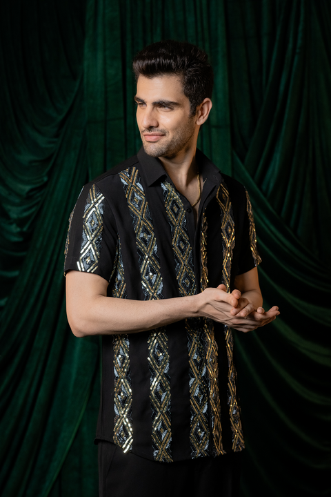 Kairo — Black Hand Embroidered Armani Fabric Shirt