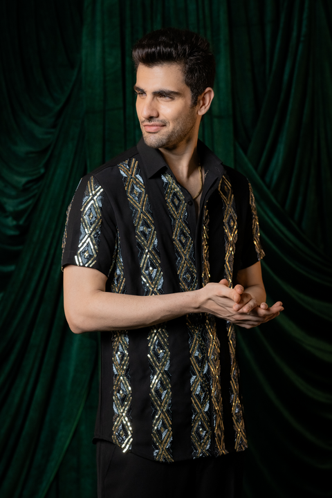 Kairo — Black Hand Embroidered Armani Fabric Shirt