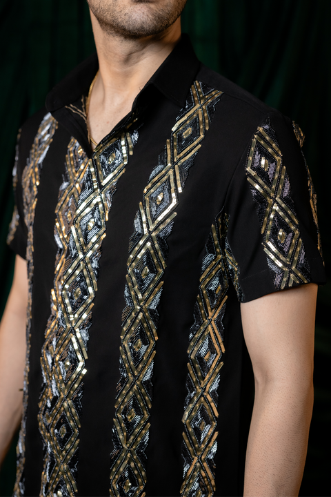Kairo — Black Hand Embroidered Armani Fabric Shirt