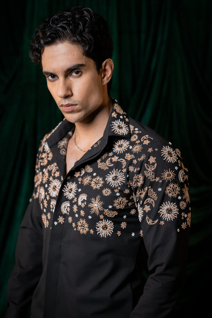 Orbit — Black Hand Embroidered Armani Fabric Shirt