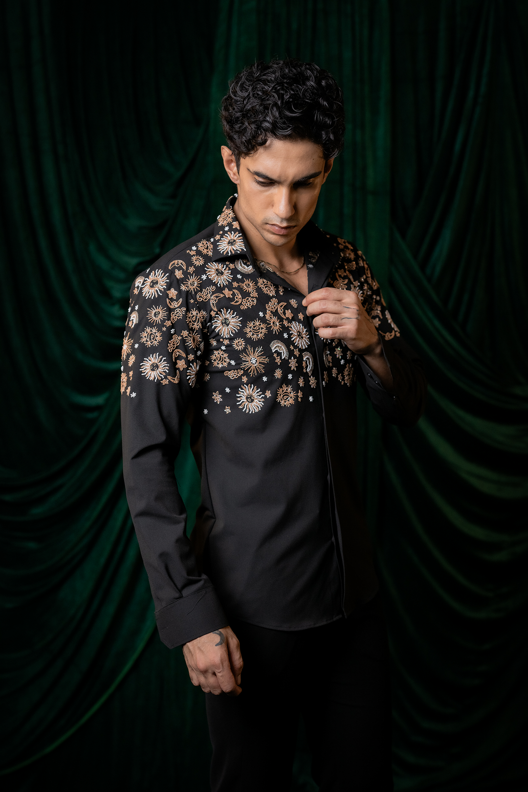 Orbit — Black Hand Embroidered Armani Fabric Shirt