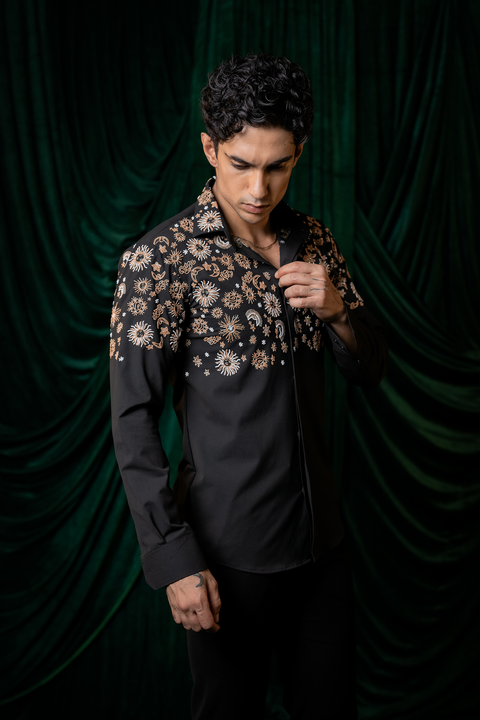 Orbit — Black Hand Embroidered Armani Fabric Shirt