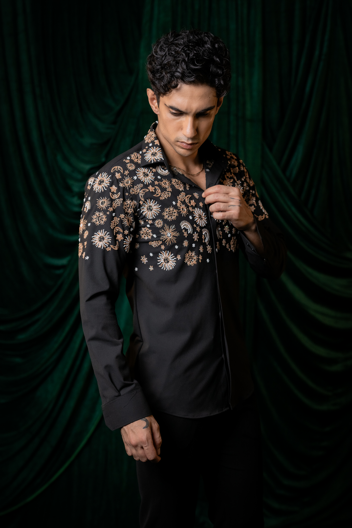 Orbit — Black Hand Embroidered Armani Fabric Shirt