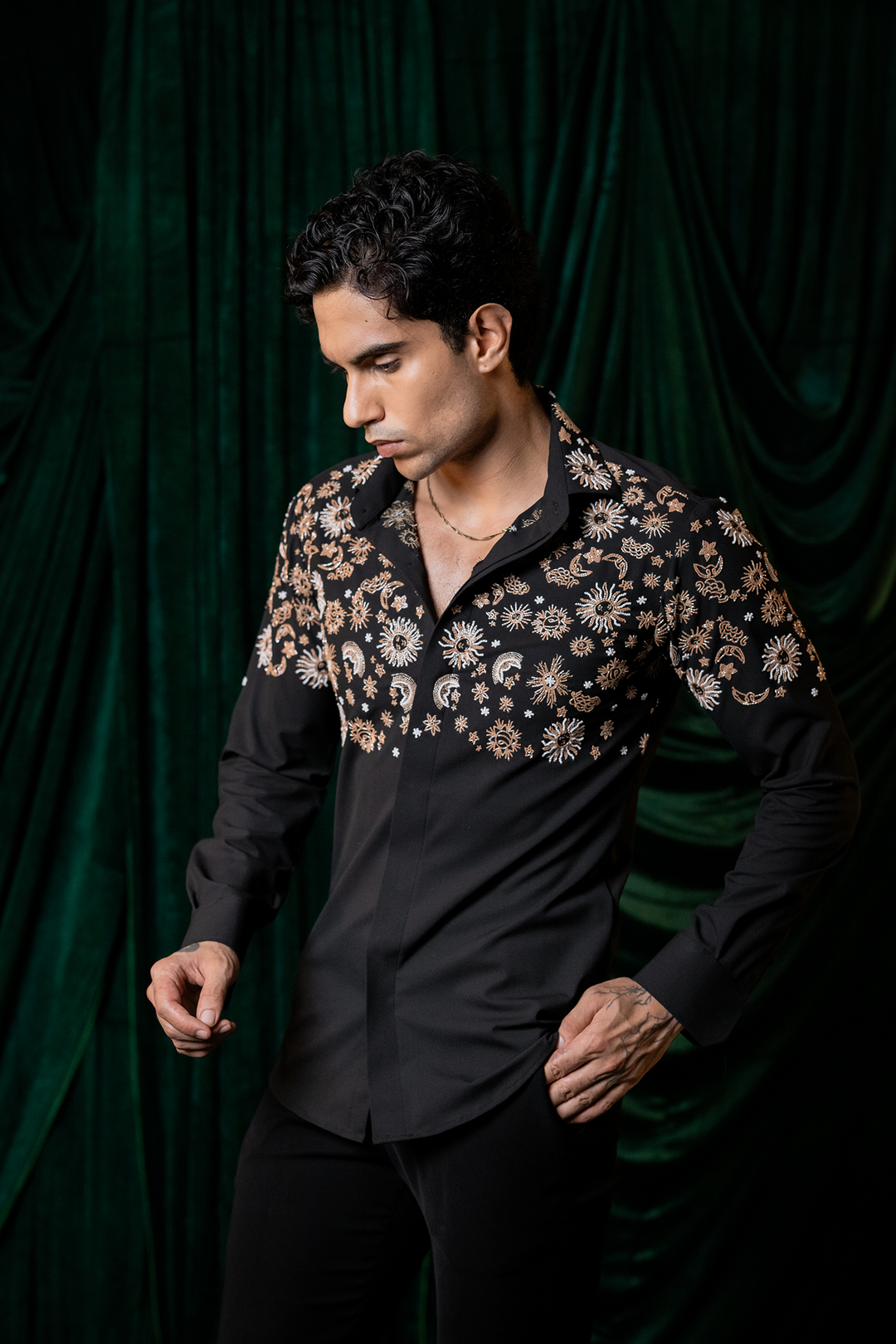 Orbit — Black Hand Embroidered Armani Fabric Shirt