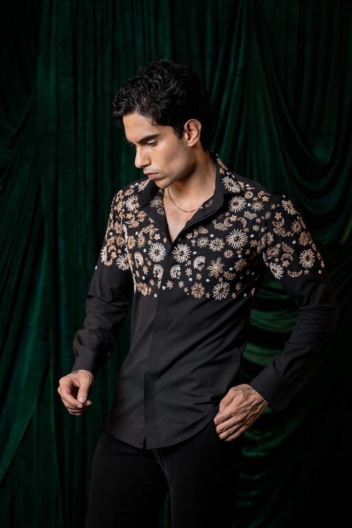 Orbit — Black Hand Embroidered Armani Fabric Shirt