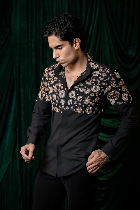 Orbit — Black Hand Embroidered Armani Fabric Shirt