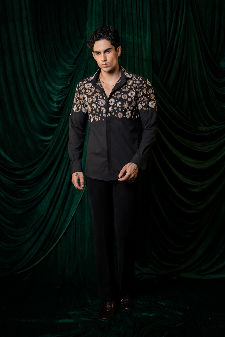 Orbit — Black Hand Embroidered Armani Fabric Shirt