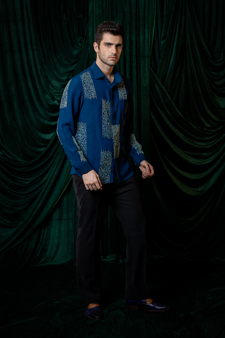 Mosaic — Teal Hand Embroidered Premium Shirt