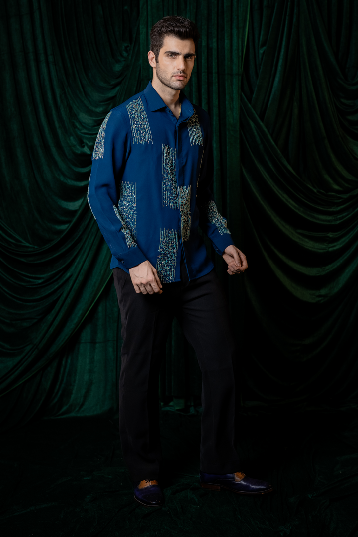 Mosaic — Sea Blue Hand Embroidered Armani Fabric Shirt