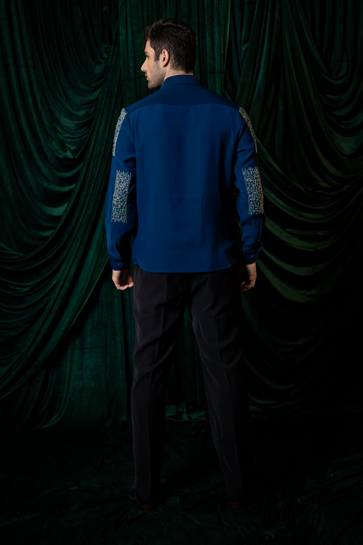Mosaic — Sea Blue Hand Embroidered Armani Fabric Shirt