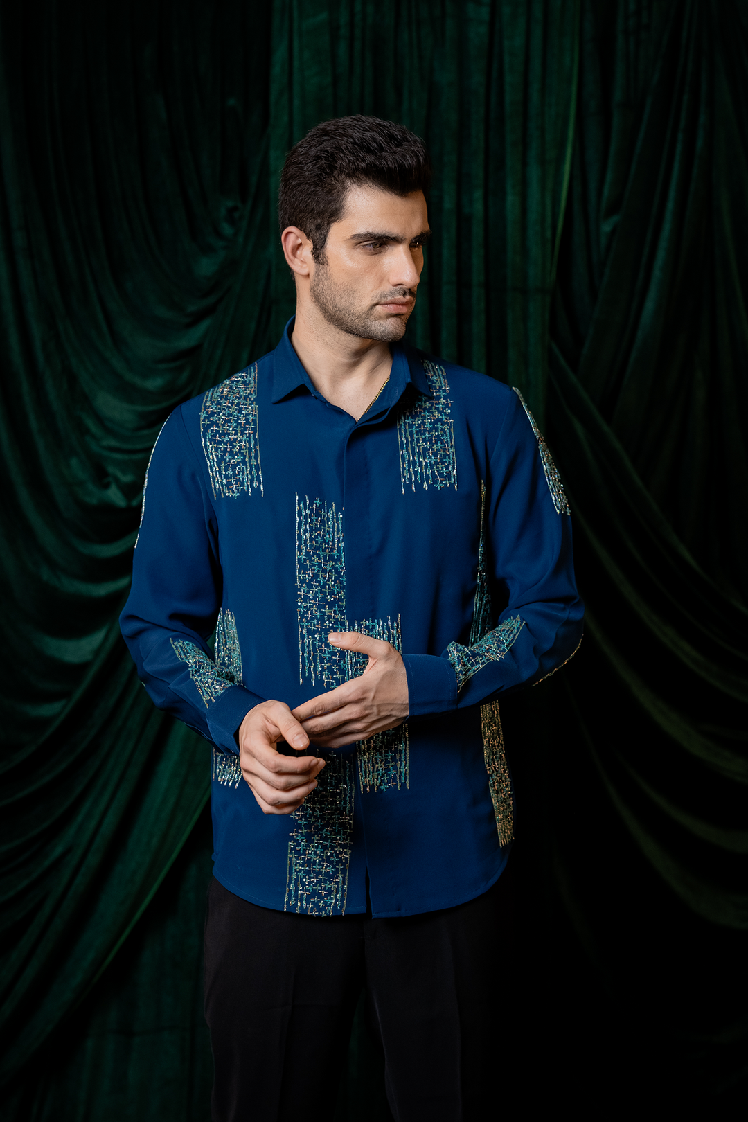 Mosaic — Teal Hand Embroidered Premium Shirt