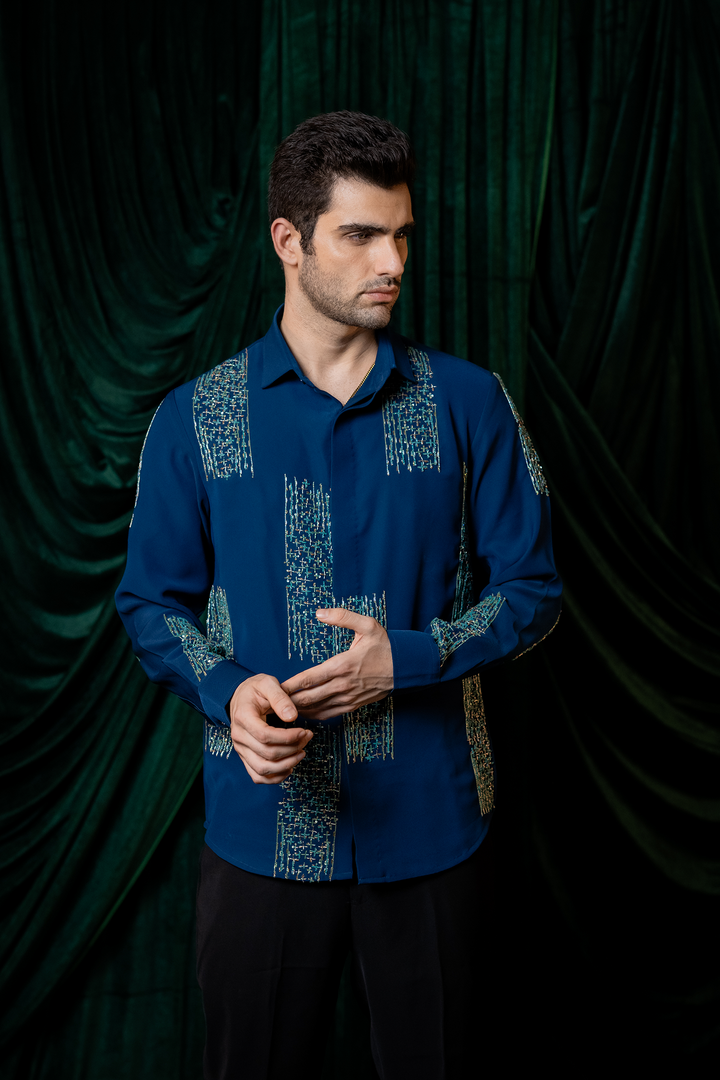 Mosaic — Teal Hand Embroidered Premium Shirt