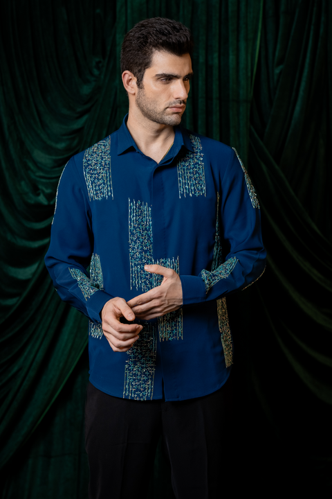 Mosaic — Sea Blue Hand Embroidered Armani Fabric Shirt