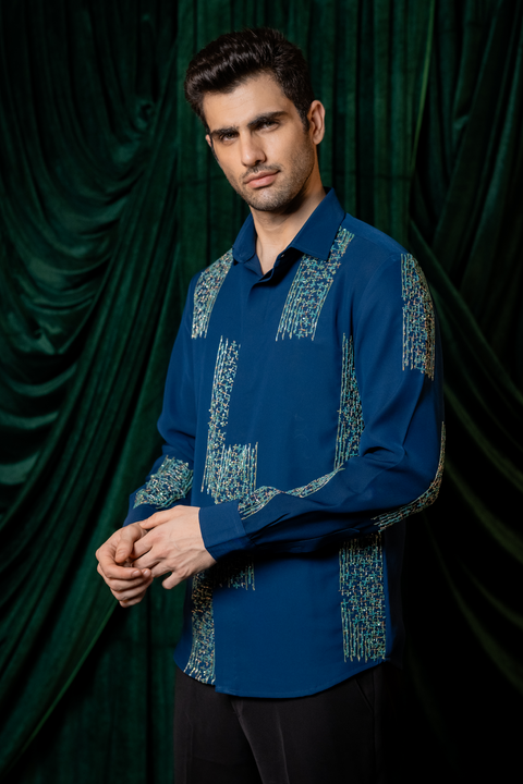 Mosaic — Sea Blue Hand Embroidered Armani Fabric Shirt