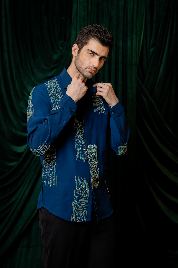 Mosaic — Teal Hand Embroidered Premium Shirt
