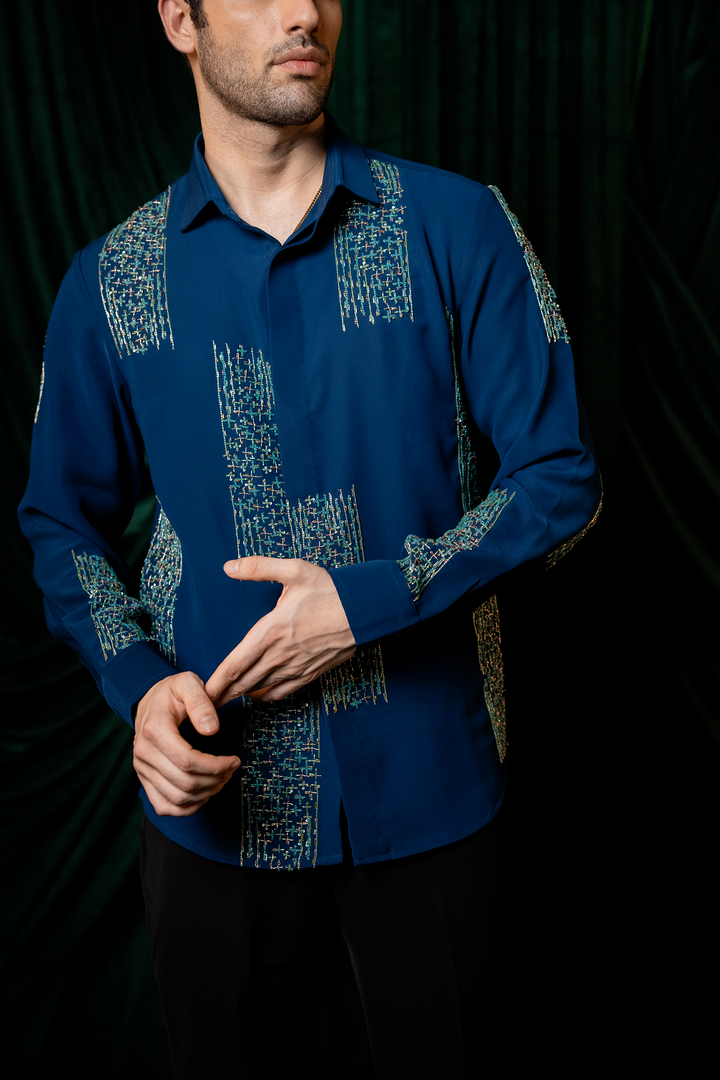 Mosaic — Teal Hand Embroidered Premium Shirt
