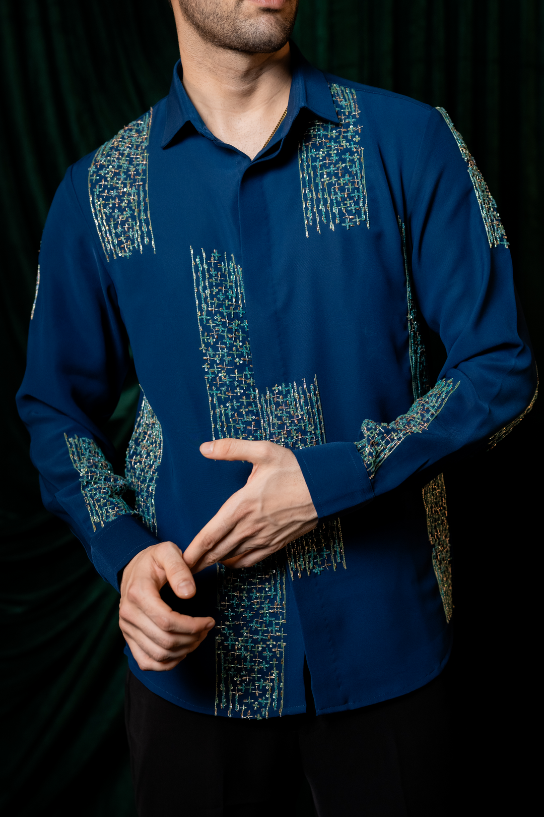 Mosaic — Sea Blue Hand Embroidered Armani Fabric Shirt