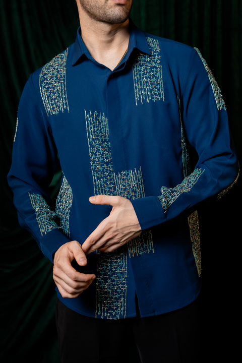 Mosaic — Sea Blue Hand Embroidered Armani Fabric Shirt