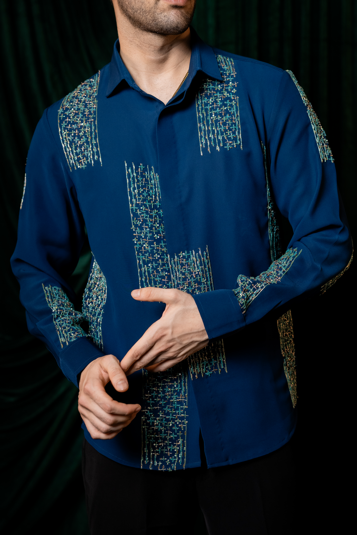 Mosaic — Sea Blue Hand Embroidered Armani Fabric Shirt