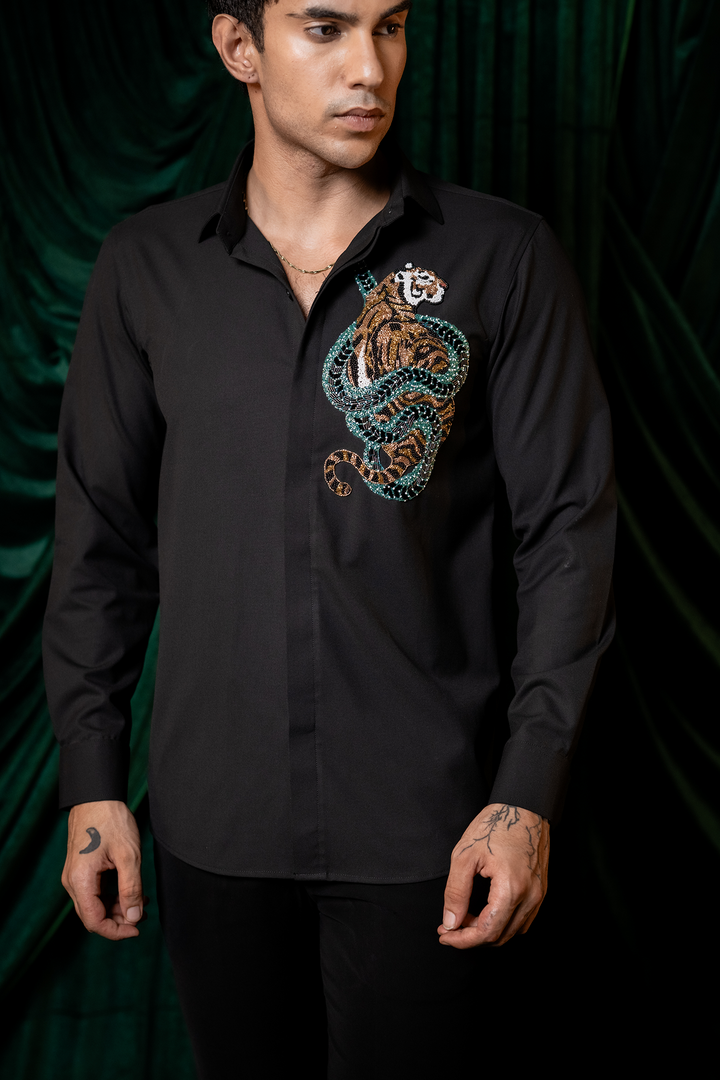 Regal — Black Hand Embroidered Premium 4-Way Stretch Shirt
