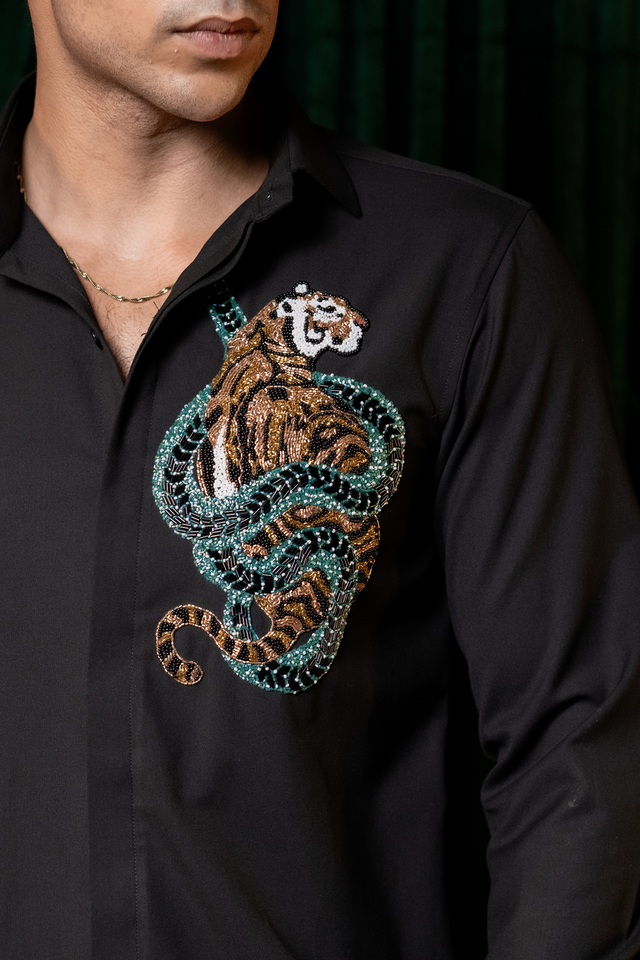 Regal — Black Hand Embroidered Premium 4-Way Stretch Shirt